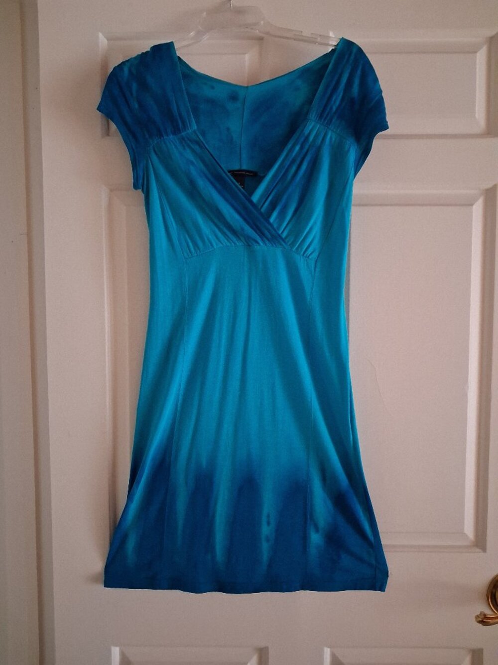 Turquoise I.N.C. Rayon Tie-Dye Jersey Dress with Cap Sleeve and Shirred Bodice